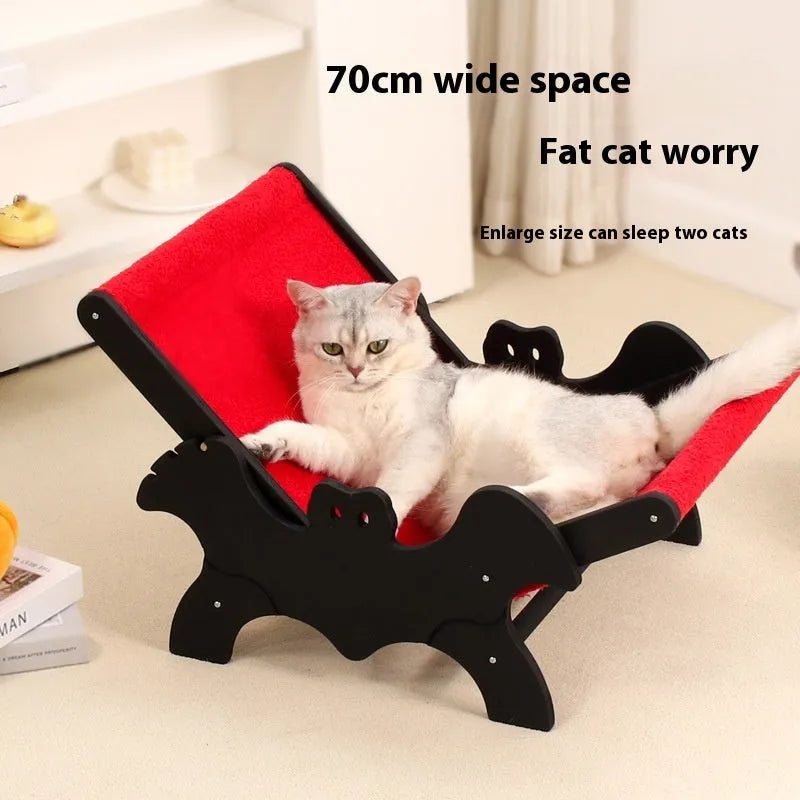 Black and red wooden cat recliner lounge chair with cage structure, model MW-054.