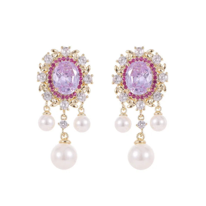Oval geometric zircon inlaid pearl tassel earrings in light purple, pink, white or light blue colours