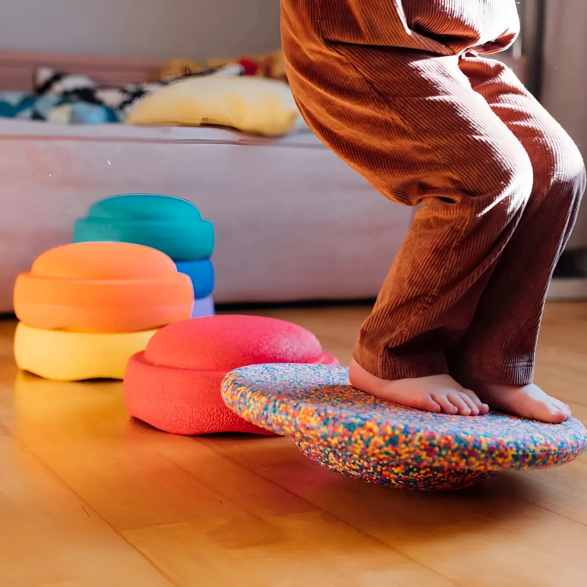 Plastic surfboard-shaped balance board for children, shown in mixed wood colour and black options.