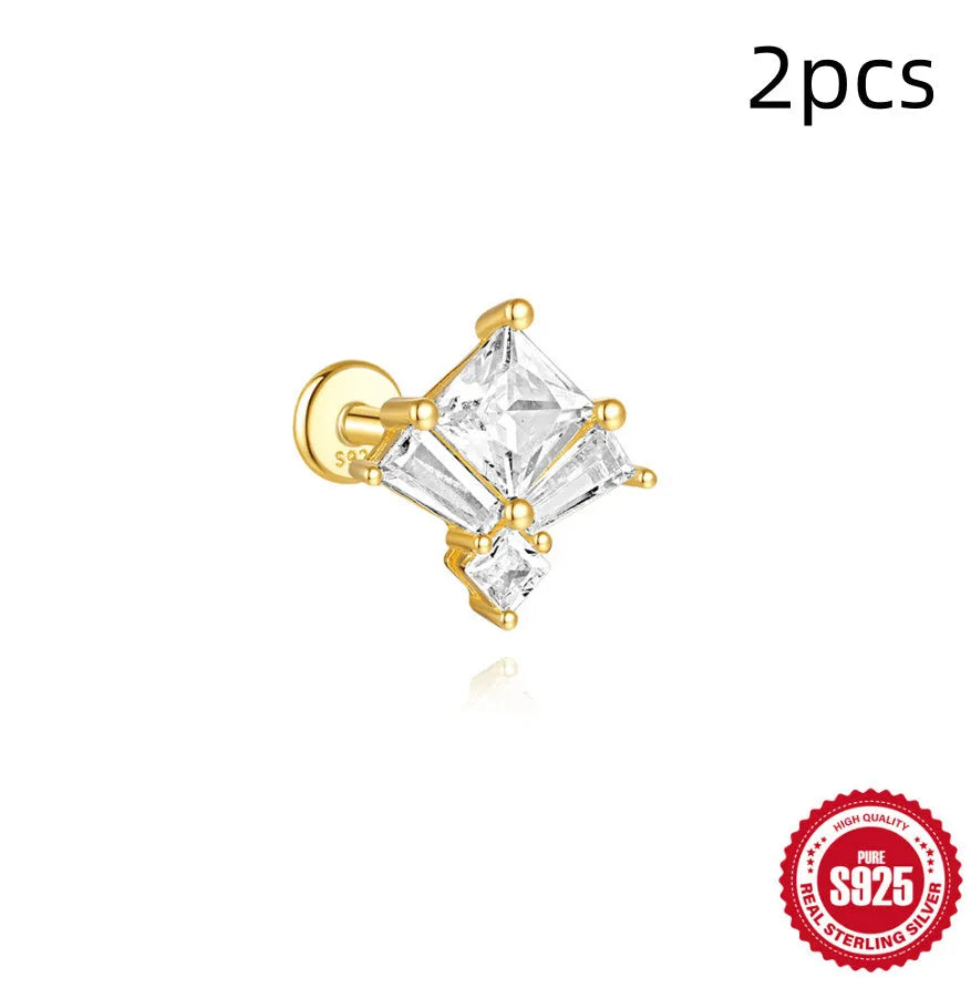 S925 sterling silver stud earrings with zircon stones and chain design for double piercing in golden colour
