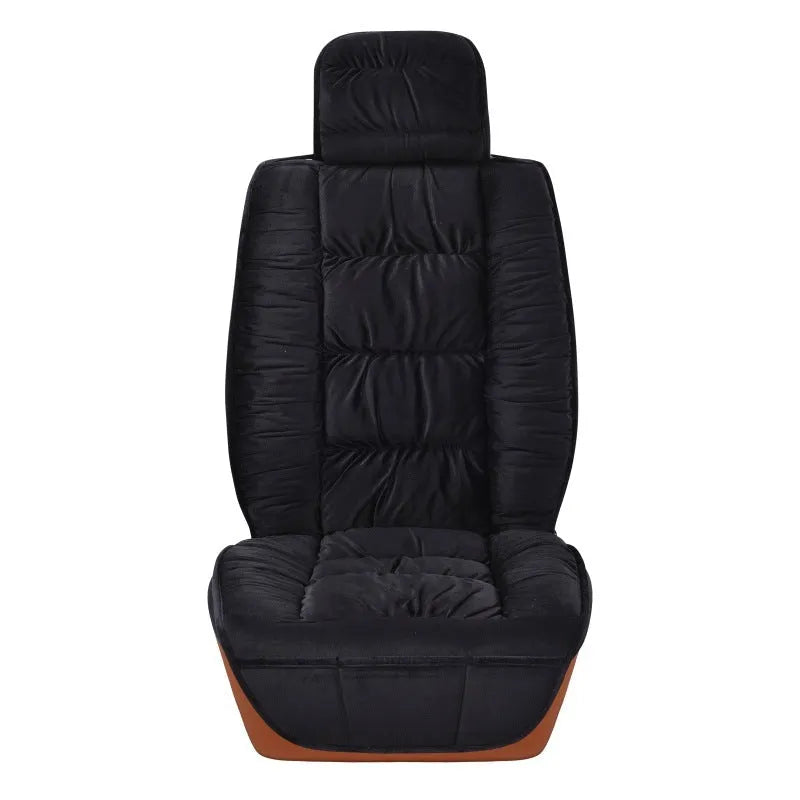 Winter short plush car seat cushion set in grey, showing wool cotton filler and polyester cover.
