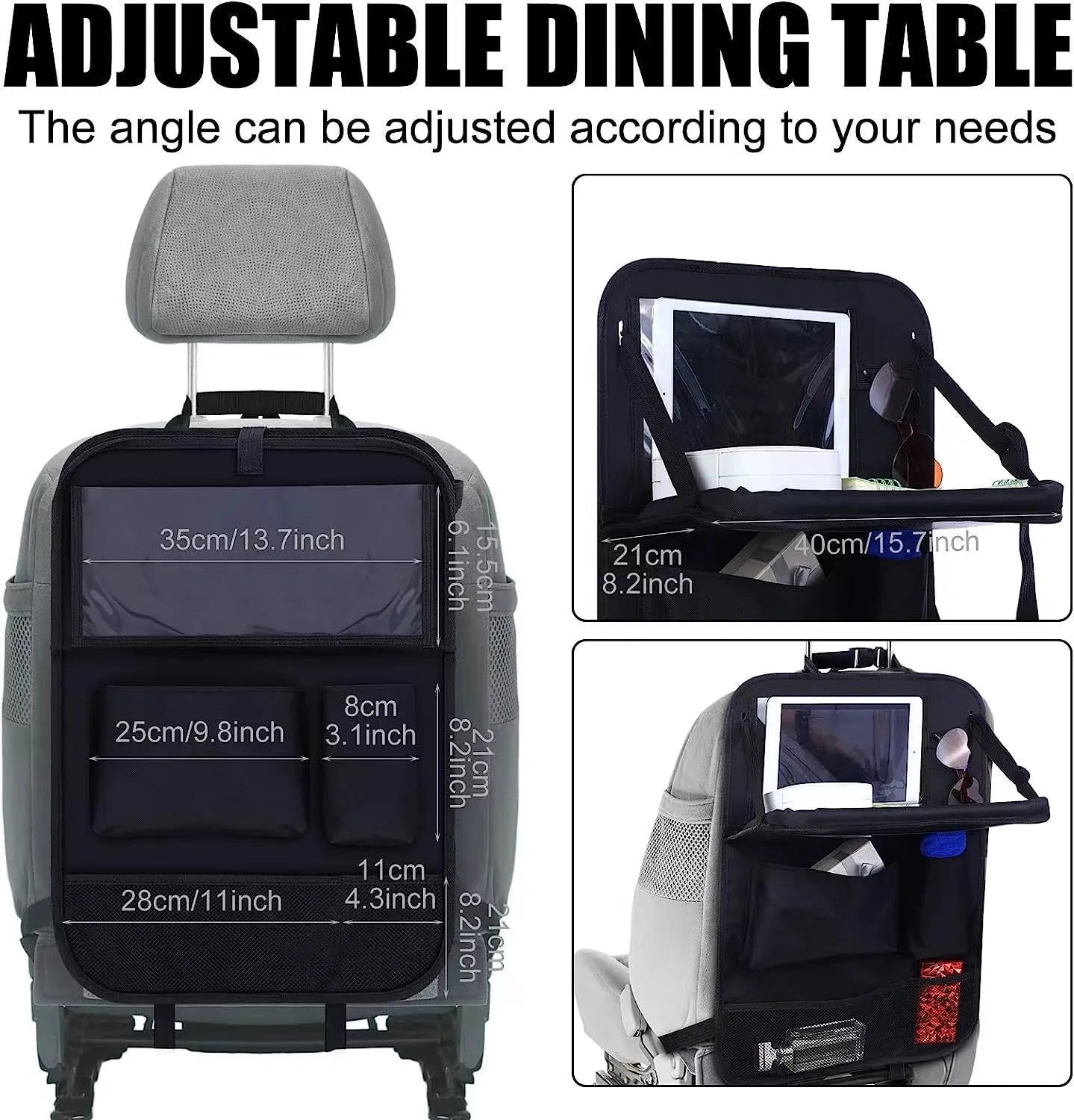 Black Oxford cloth car seat back hanging storage bag measuring 42x30cm with multifunction pocket design