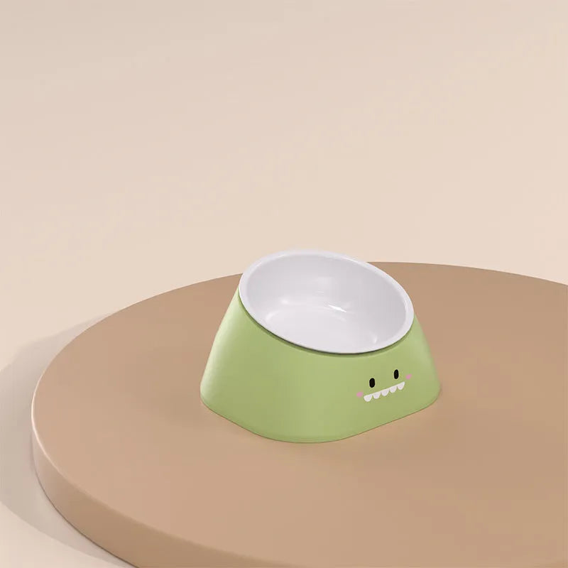 Green 15-degree tilted stainless steel cat bowl with fall-resistant base for cervical spine protection
