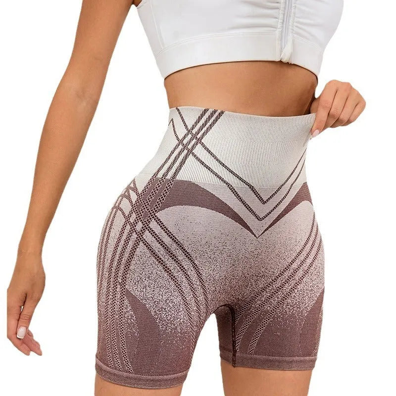 Women's high waisted gradient fitness shorts in black or brown, for yoga and running.