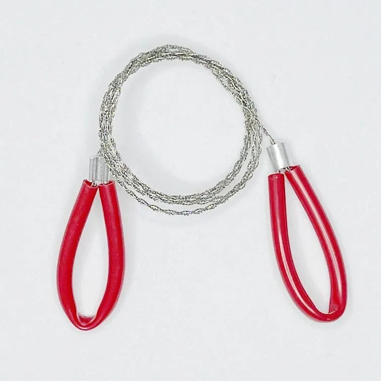 Black and red stainless steel survival wire saw with leather hand case, length 75cm