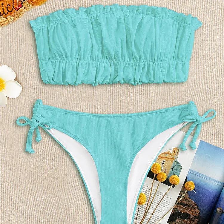 Women's solid colour polyester bikini set with chest pad, no underwire, available in black, white, purple, rose red, green, fluorescent colours, sizes S M L