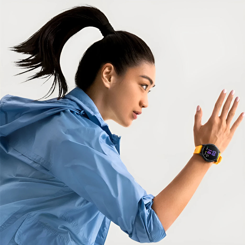 Dual band GPS smart watch with 1.43-inch screen in black, white, or blue colour with silicone strap