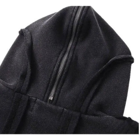 Black men's cotton hooded cardigan coat with retro abstract pattern and zip closure