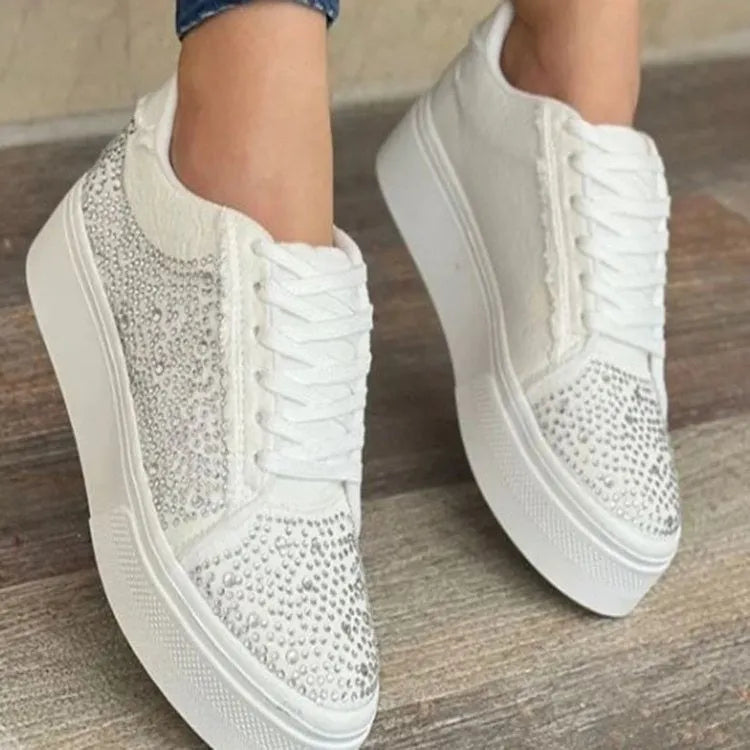 Plus size women's black lace-up casual shoes with rhinestones, chunky flat heel, and round toe.