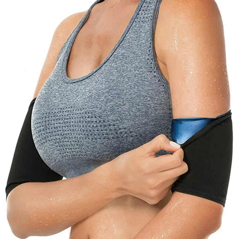 Sports arm sweatband shown in blue, silver, black and yellow, and black and red colour options for S to 5XL sizes.