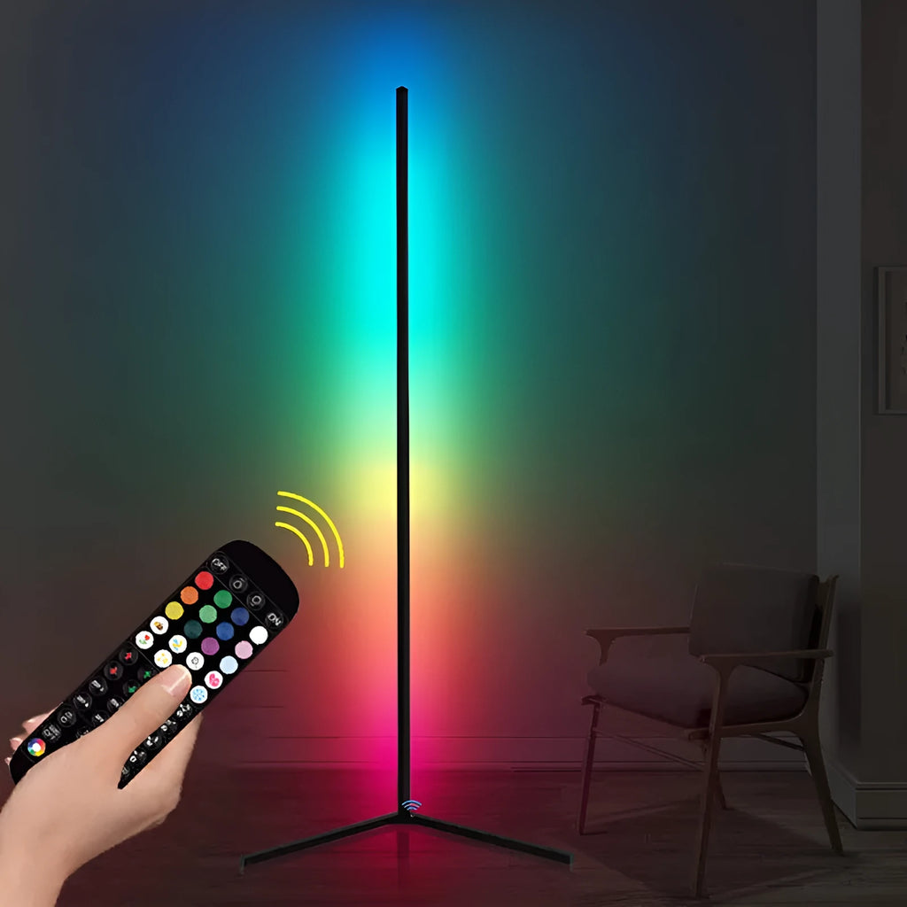 Black smart floor lamp with aluminium alloy body and silicone shade featuring RGBW lighting