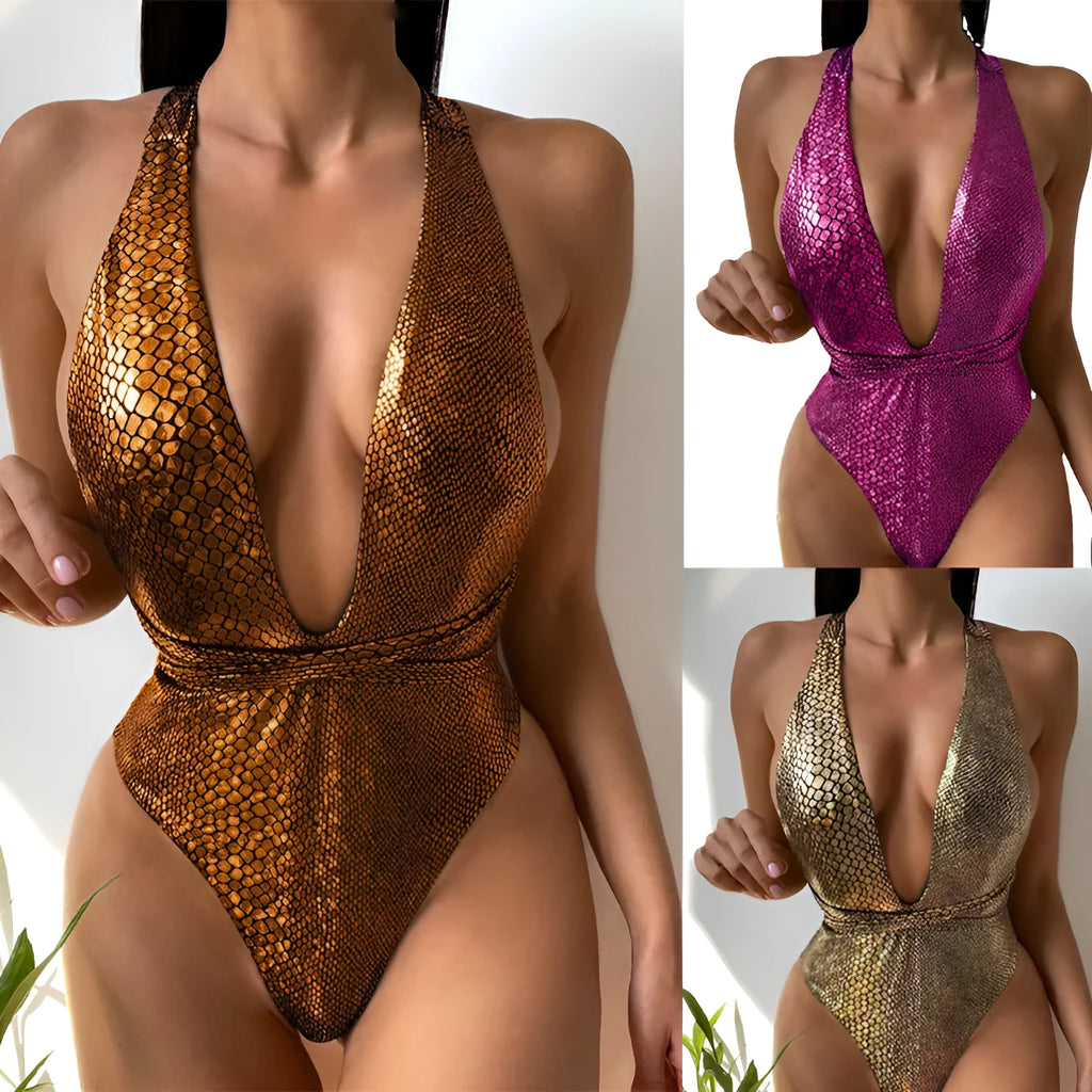 Sequined solid colour one-piece swimsuit bikini on a mannequin, showing rose red colour option.
