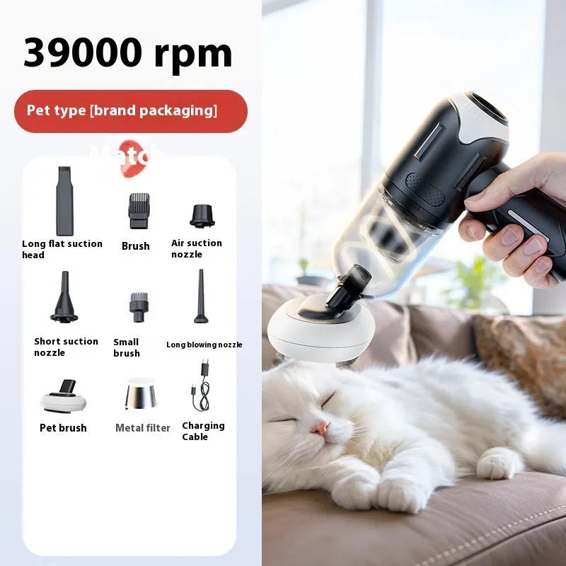 Handheld cordless pet hair vacuum cleaner with attachments on a grey sofa.