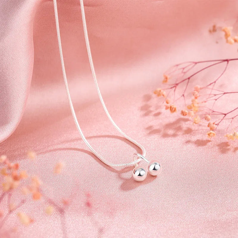 Silver cherry necklace for women with adjustable snake bone chain and fruit-shaped pendant