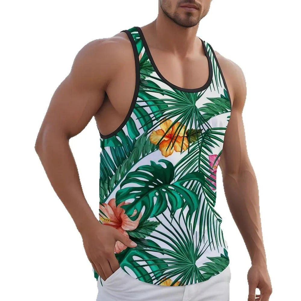 Man wearing a solid colour 3D printed Hawaiian style sleeveless vest t-shirt for casual leisure wear.