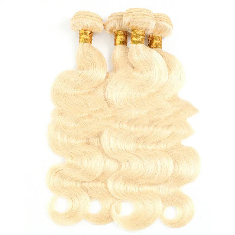 Light gold 613 body wave wig with snake wavy texture on a mannequin head showing 16-24 inch length options