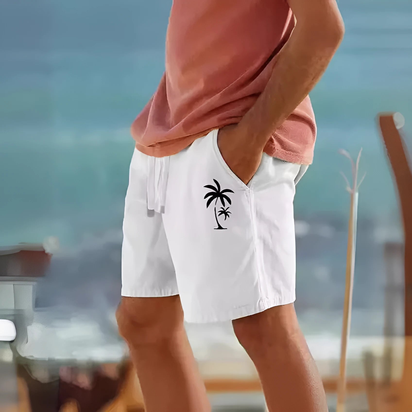 Men's straight leg cotton blend shorts with heat transfer patch and drawstring waist in Army Green colour.