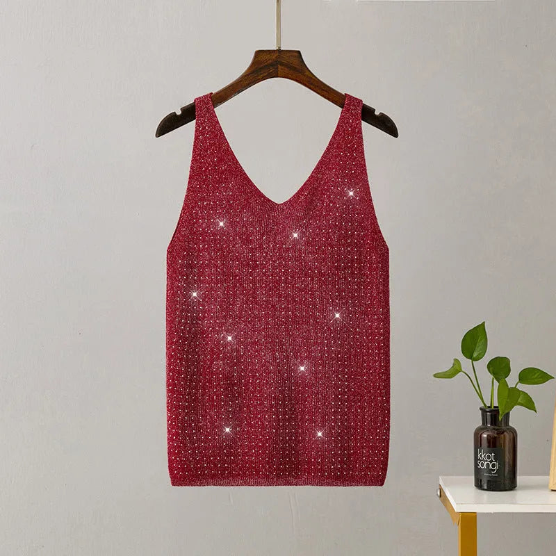 Ice silk knitted bright thread diamond-encrusted V-neck camisole in slim fit, shown in multiple colours including black, white, pink, and khaki