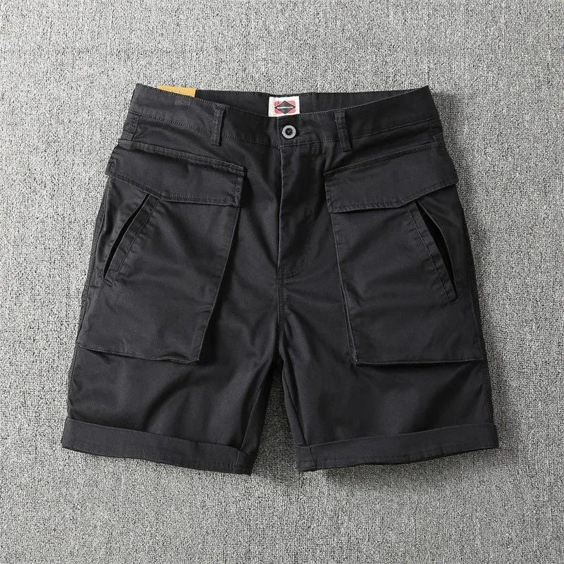 Men's straight-leg cotton cargo shorts with stretch in army green, shown with multiple pockets.