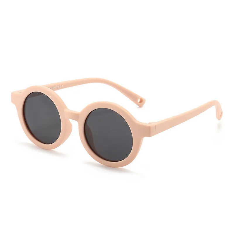 Children's silicone sunglasses with round frames for 0-3 year olds in multiple colour options showing UV400 and polarized protection