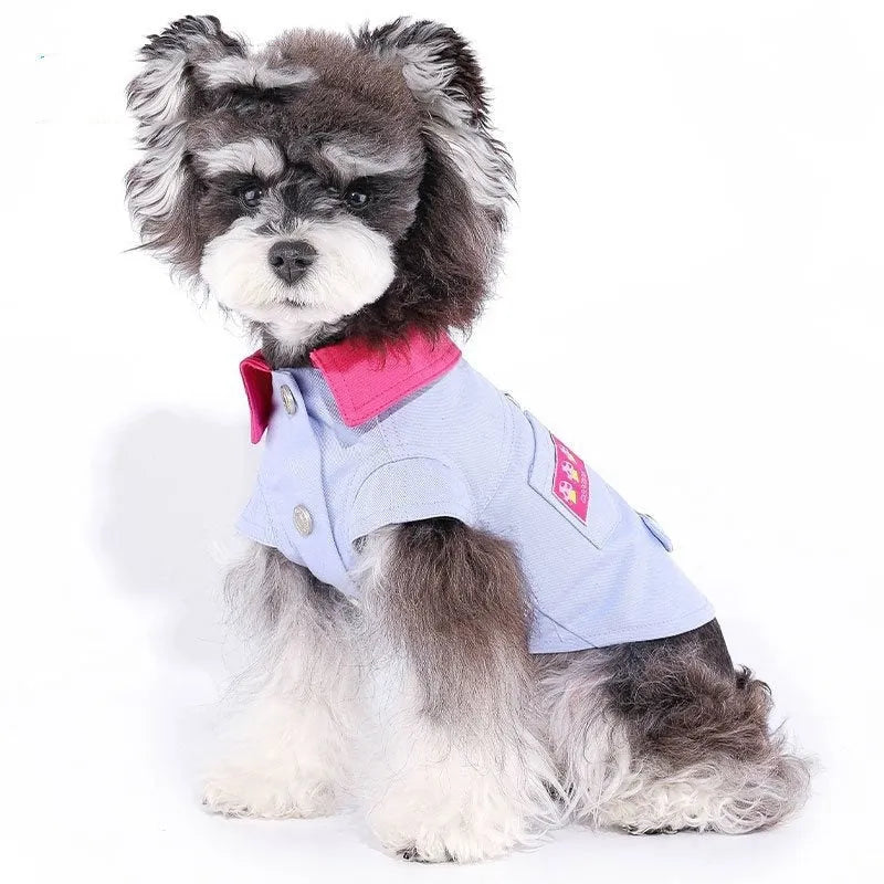 Blue and purple polyester dog vest with chest traction ring for small dogs