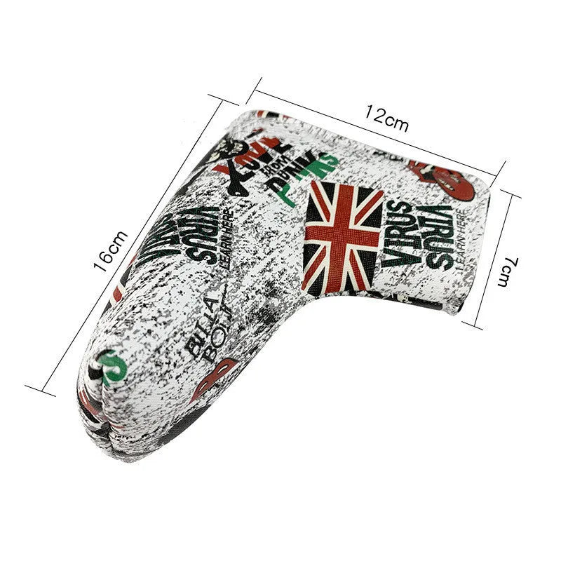 Golf putter sleeve in a themed design with PU waterproof fabric exterior and fleece lining.