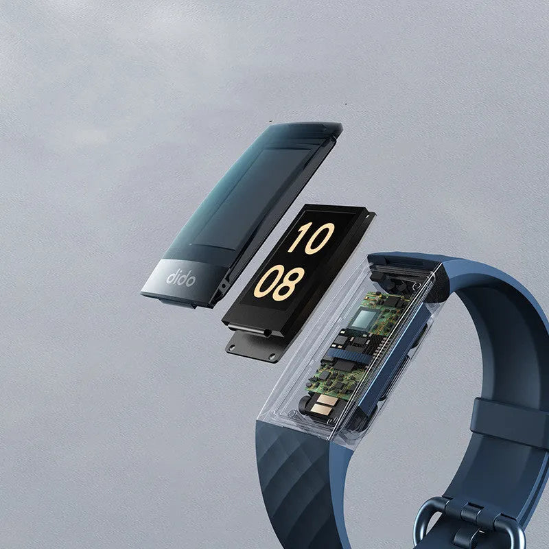 Black smart bracelet with 1.1-inch screen showing health metrics like heart rate and ECG, on a wrist.