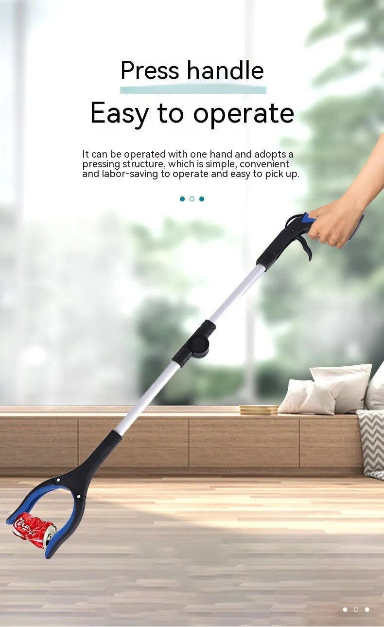 Folding aluminium rubbish clamp with magnetic tip, shown extended and collapsed, with blue handle option.
