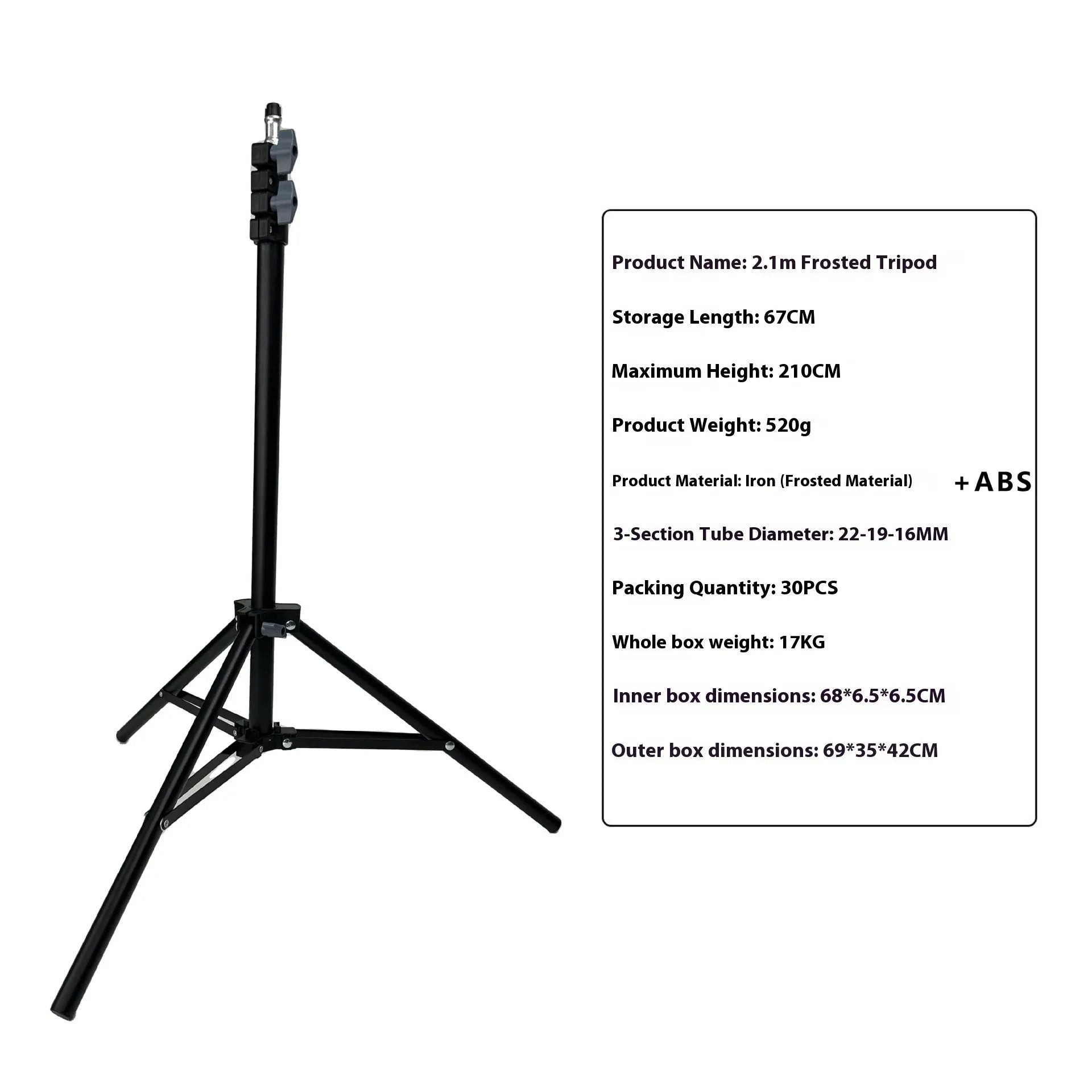A tall, frosted-finish photography light stand with thickened carbon steel legs extended to its full height.