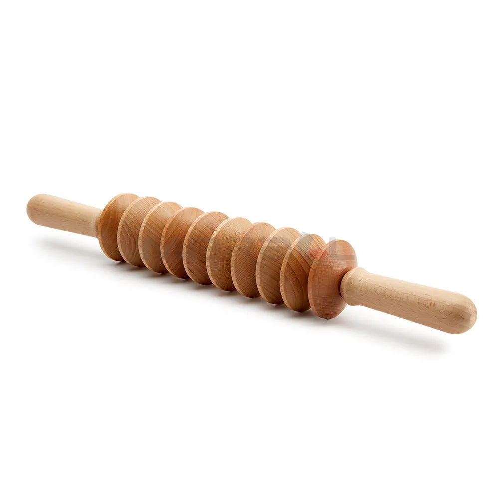 Natural beech wood massage roller set with multiple wheel designs for lymphatic drainage and skin texture improvement