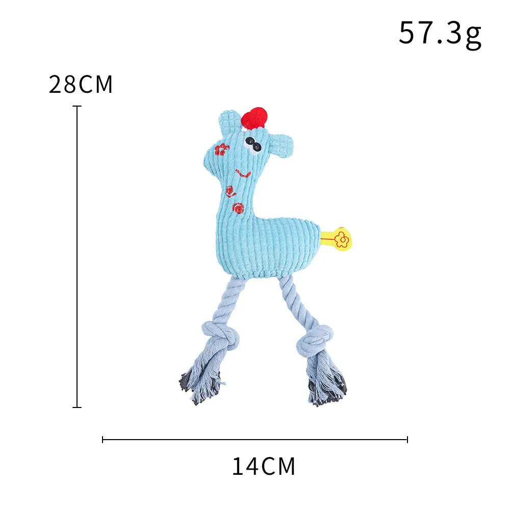 Blue deer-shaped plush dog toy with corn grain texture on a white background.