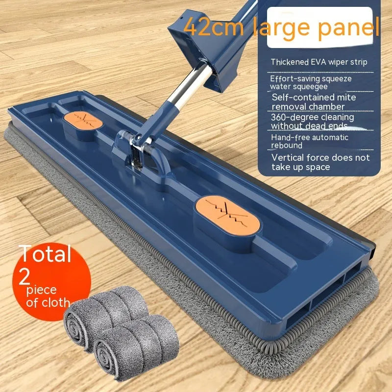 Large flat mop with stainless steel handle and blue cleaning cloths showing 360-degree rotating head