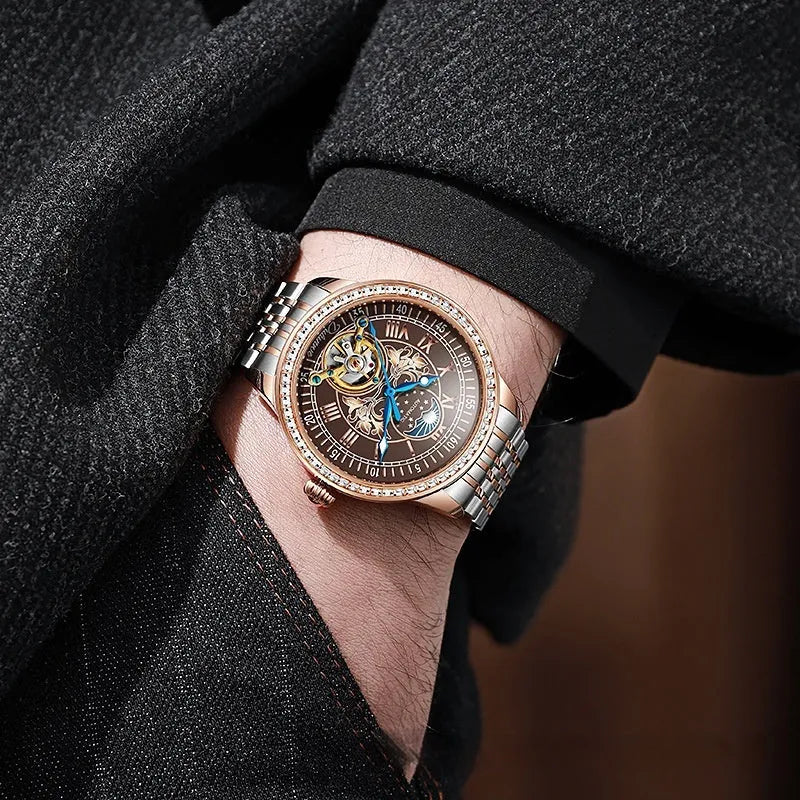 Men's waterproof mechanical watch with stainless steel case, transparent back showing movement, and mineral glass crystal.