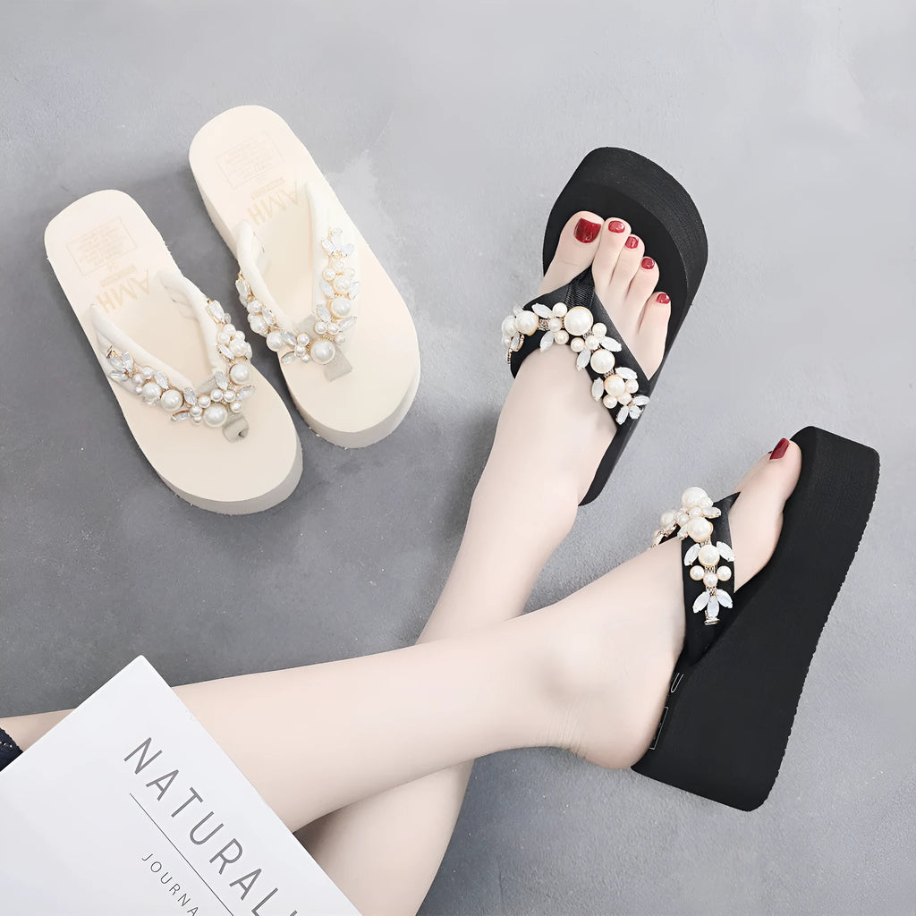 Women's high-heeled flip-flops with cotton cloth upper in black and beige colour options