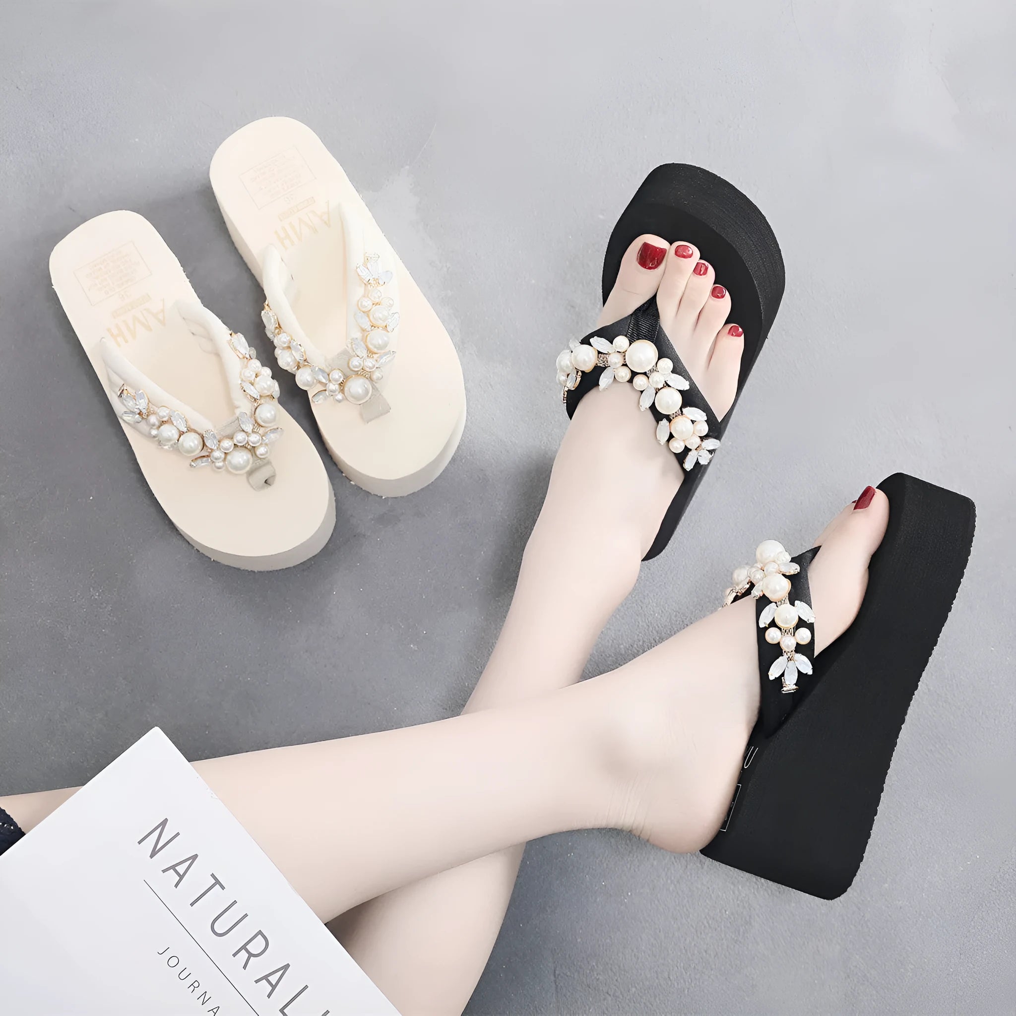 Women's high-heeled flip-flops with cotton cloth upper in black and beige colour options