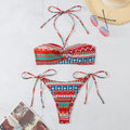 Women's halter-neck bikini swimsuit with split briefs in blue, yellow, green stripe orange grid, and green stripe red plaid colours