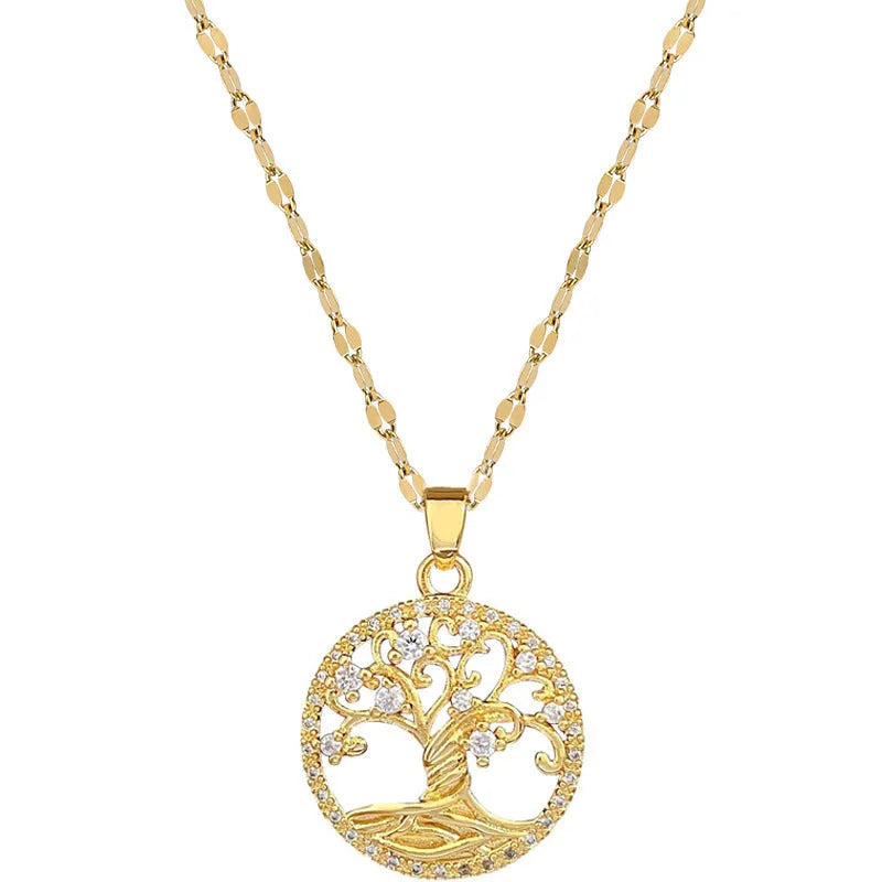 Gold-plated necklace with mother of pearl lucky tree pendant and rhinestone zircons on an adjustable chain.