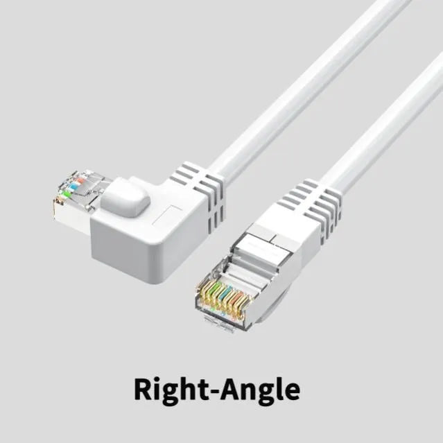 Cat6 Ethernet cable with angled RJ45 connectors in various colours and lengths on a grey background