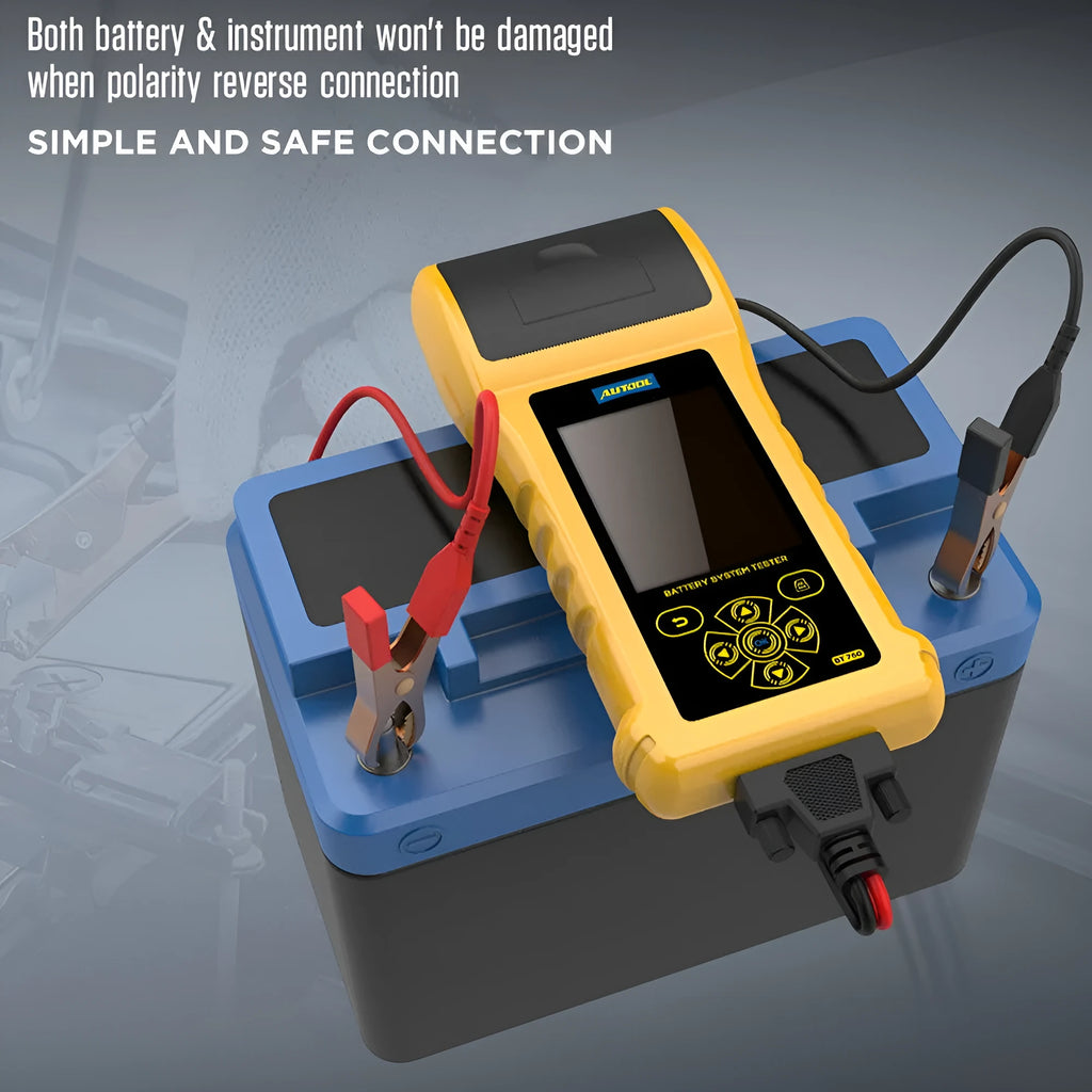 Autool BT760 vehicle battery diagnostic tool with colour screen, clips, and printed test receipt.