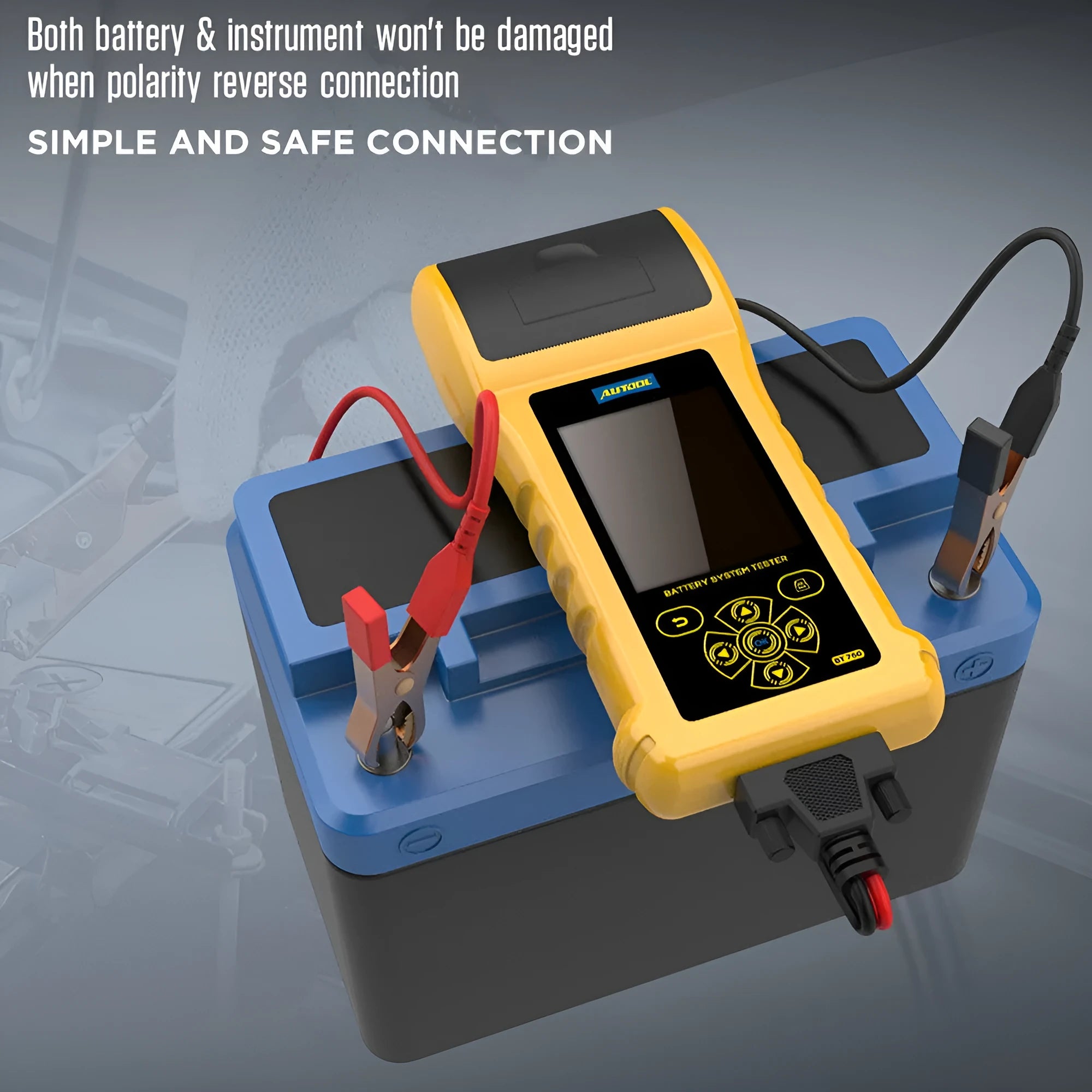Autool BT760 vehicle battery diagnostic tool with colour screen, clips, and printed test receipt.