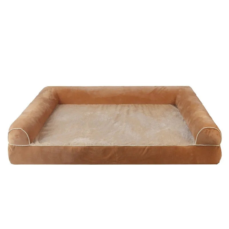 Square-shaped dog bed with sponge filling and breathable cloth cover, shown in blue colour.