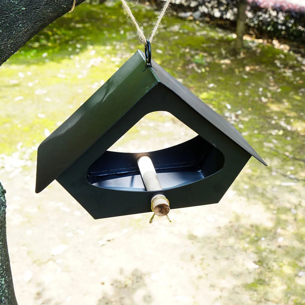 European-style iron bird nest with anti-rain roof in garden setting