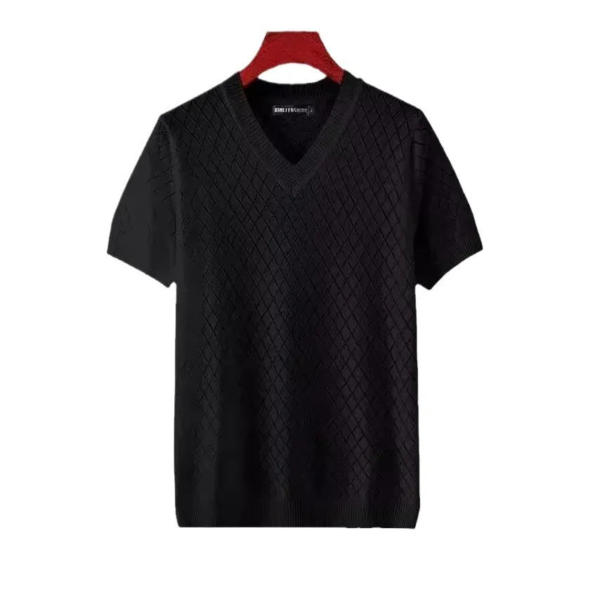 Men's Korean style ice silk t-shirt in black or white with V-neck or round neck options