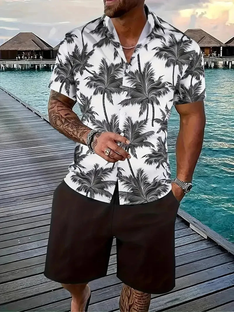Men's Hawaiian 3D printed short sleeve suit with matching trousers in various colours