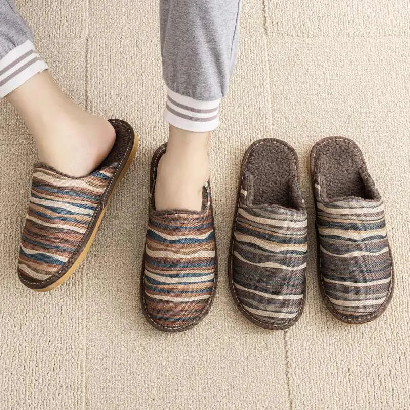 Linen and cotton household slippers with PVC sole in a floral colour option showing size and material detail.