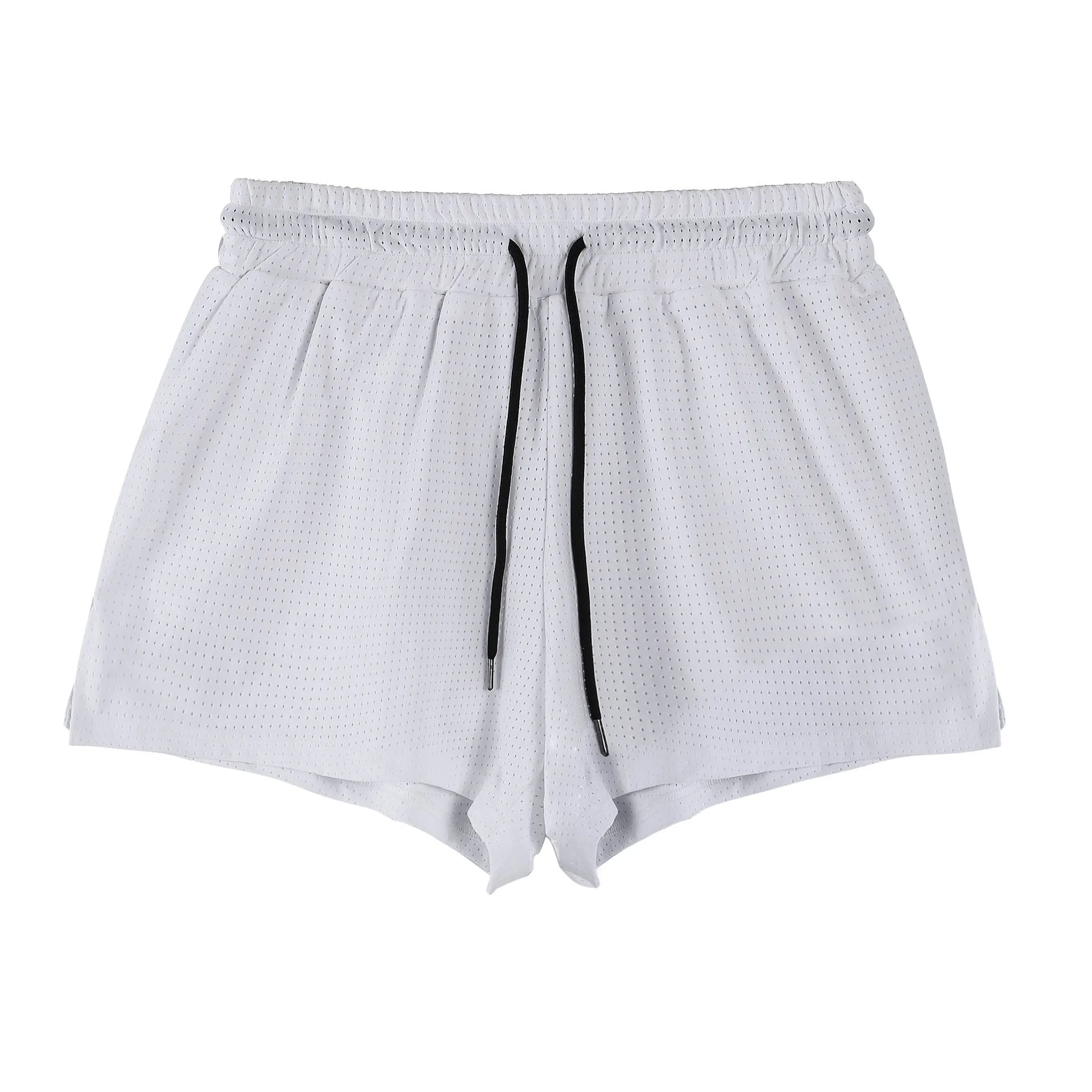 Men's white and black quick-drying nylon sports shorts on a size chart background.