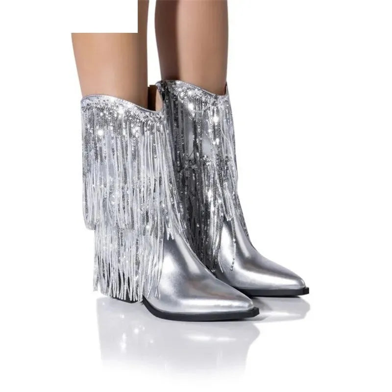 Women's chunky heel tassel boots with over 8cm stiletto heels, PU upper, and mid-calf height