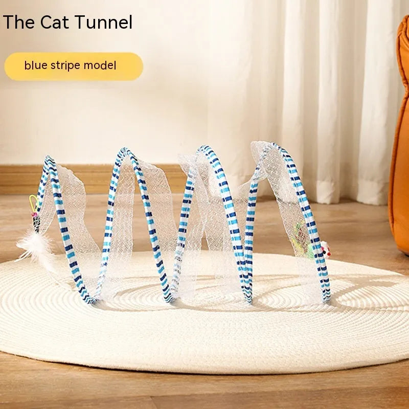 Folded cat tunnel S type in striped pattern with mouse and feather attachments on each end