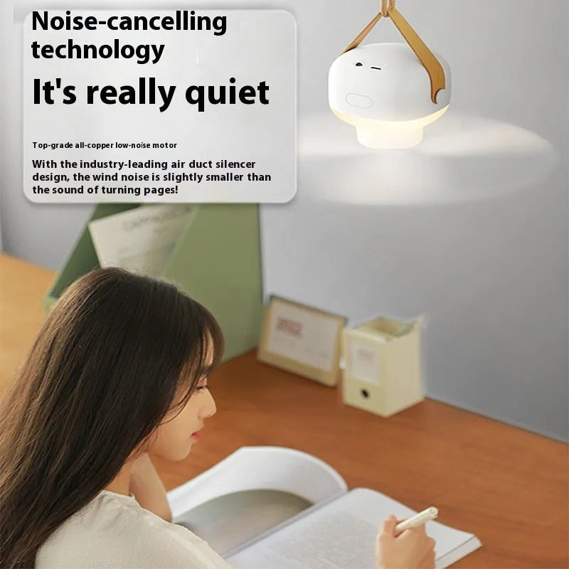 Small white rechargeable ceiling fan with blades and LED light, shown with remote control and charging cable.