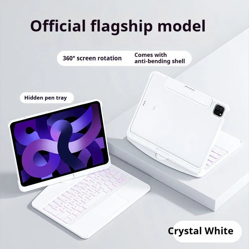 Transparent rotating keyboard protective case for iPad Air 5 tablet showing wireless keyboard and 360-degree hinge